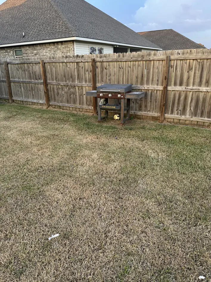 Barbecue grill left in a fenced back yard before removal