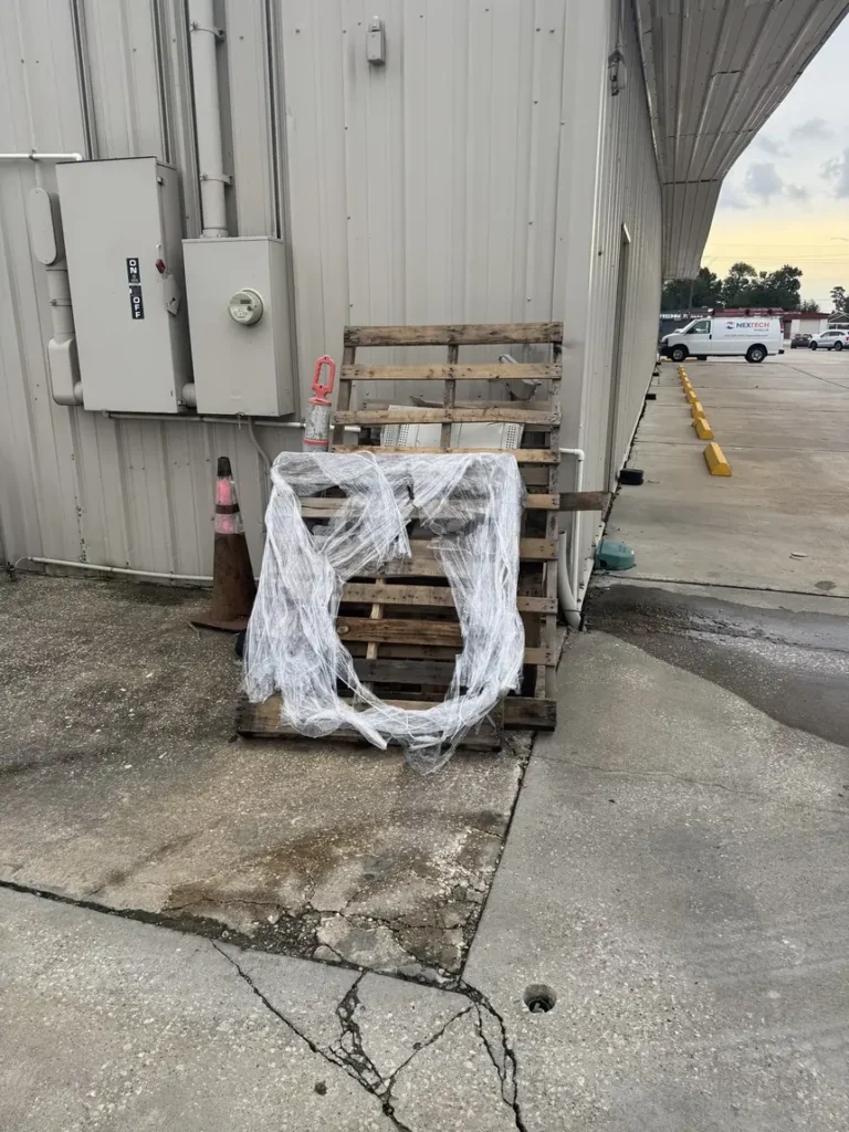 Wooden pallets and shrink-wrapped material stacked beside a warehouse loading door