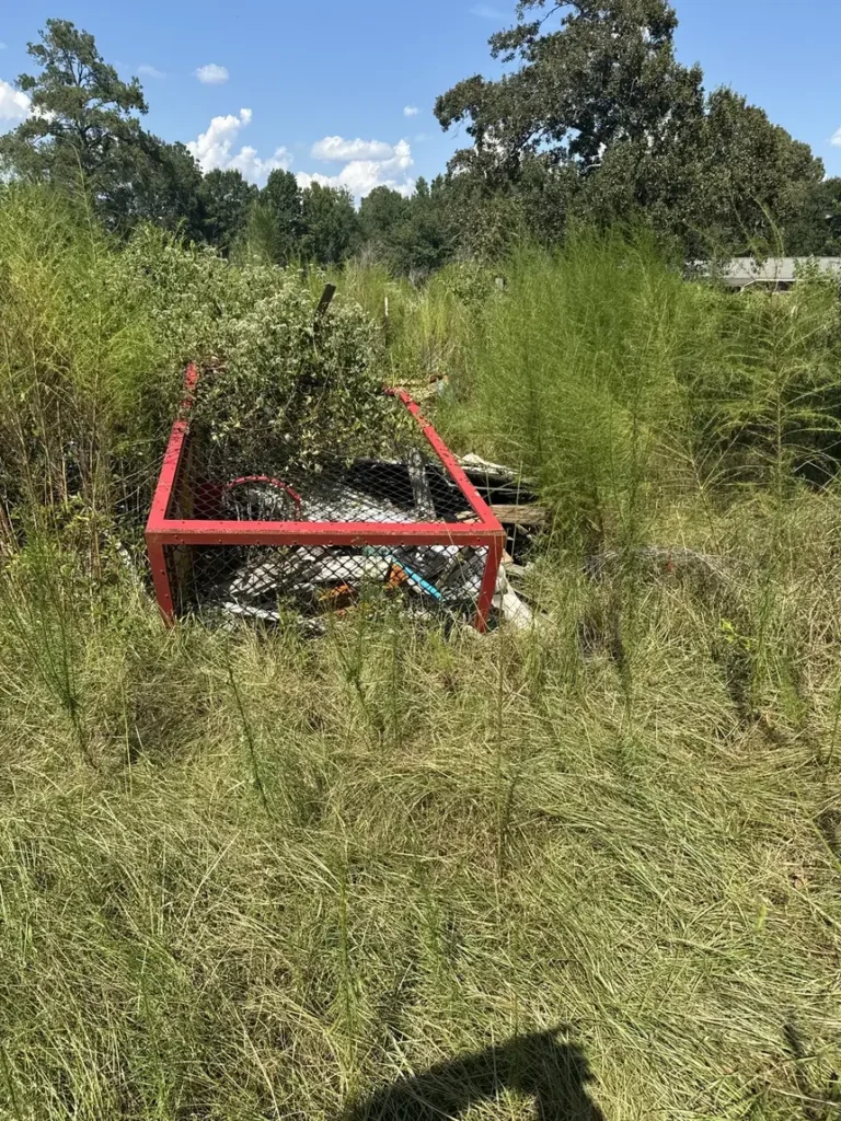 A red metal bed frame and scrap metal sitting in tall overgrown grass beside a property