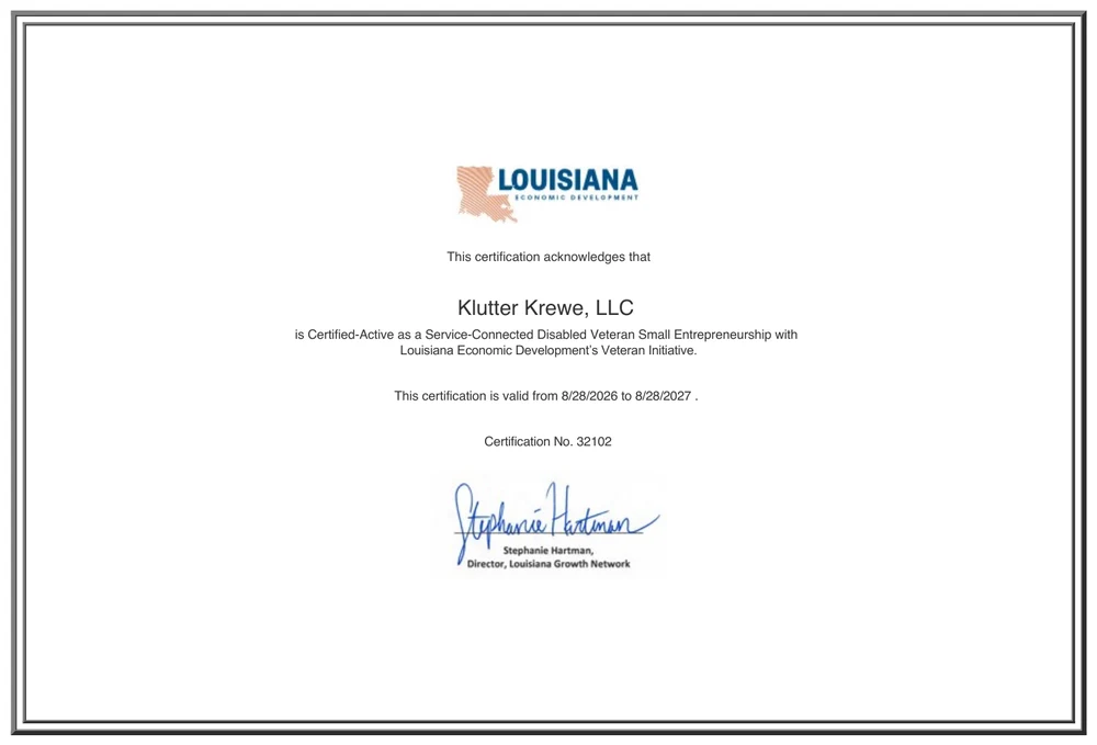 Louisiana Economic Development Service-Connected Disabled Veteran certificate for Klutter Krewe, LLC