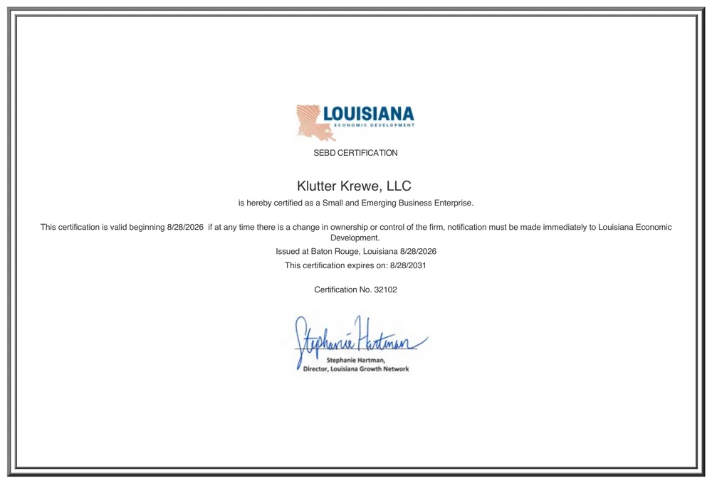Louisiana Economic Development Small and Emerging Business certificate for Klutter Krewe, LLC