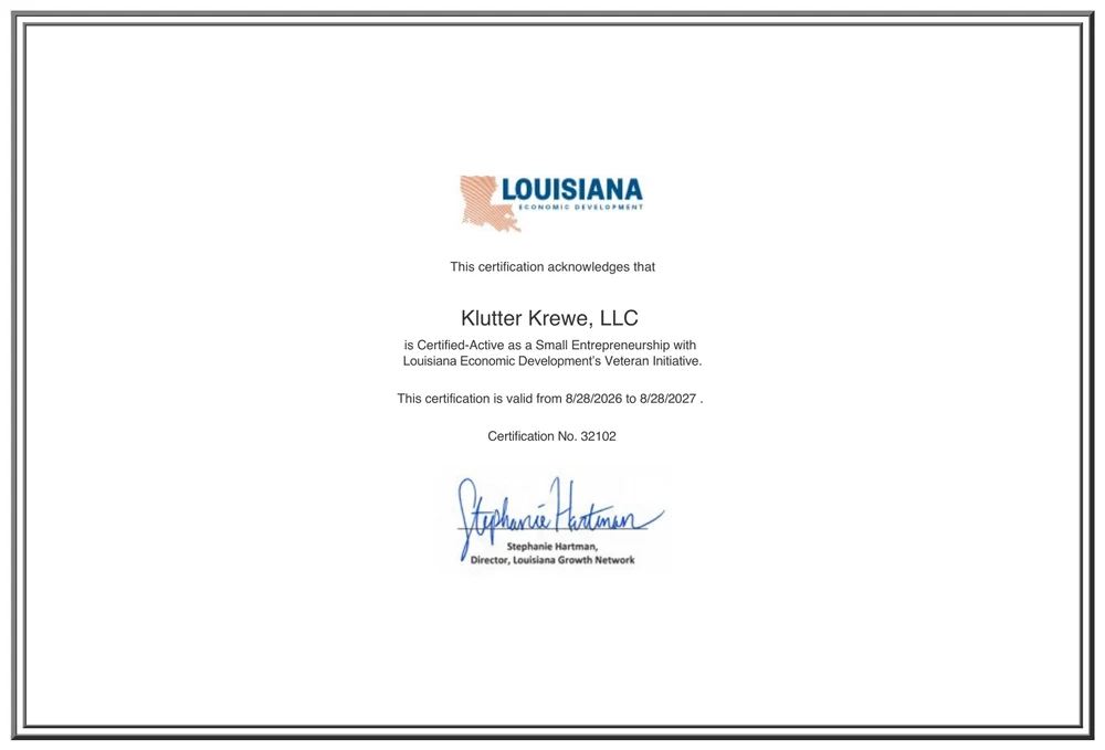 Louisiana Economic Development Veteran-Owned certificate for Klutter Krewe, LLC