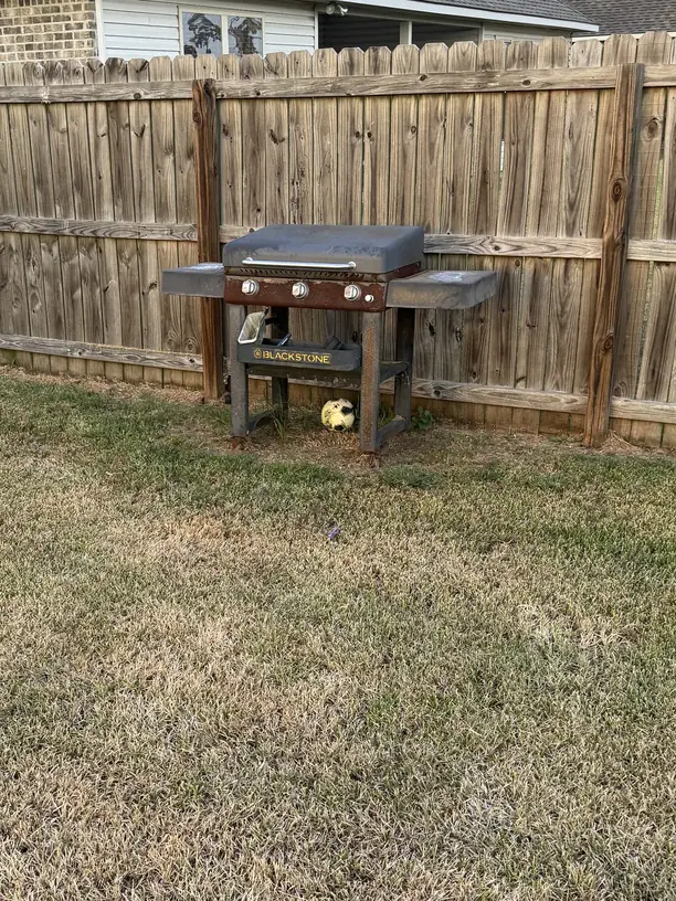 A single outdoor griddle left in a backyard, ready for a one-item pickup