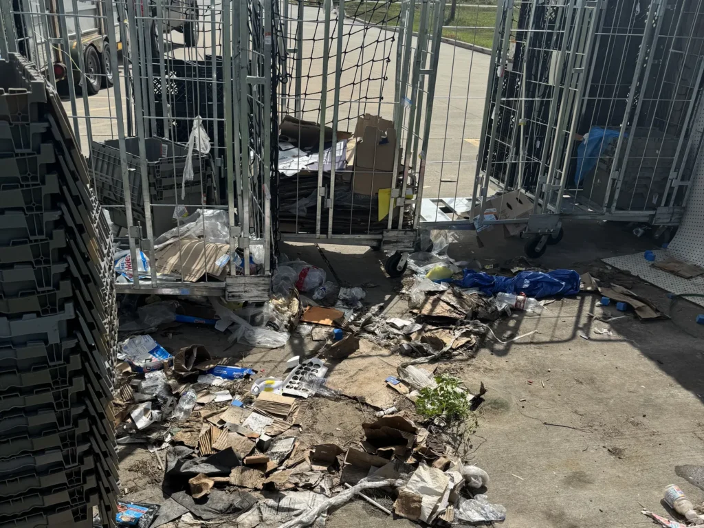 Cardboard and loose trash scattered among roll cages in a dumpster corral before cleanup